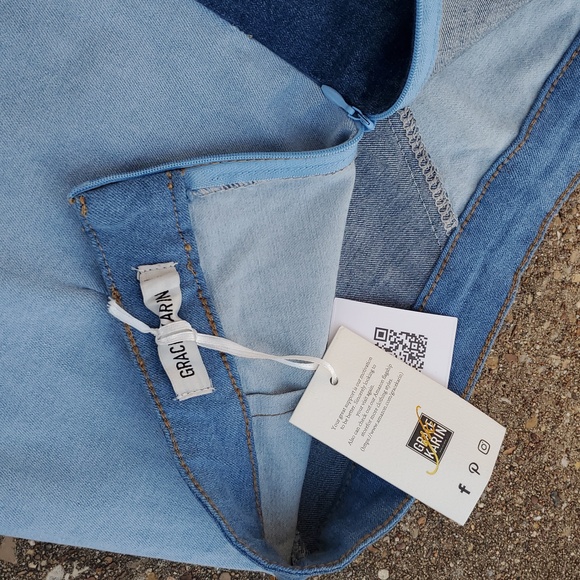 Grace Karin Denim Blue Patchwork Mini Skirt L - Picture 4 of 5